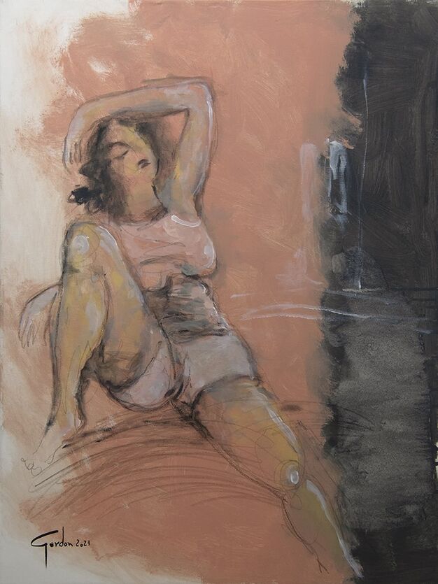 אתנחתא (Respite), ציור מקורי מאת איש גורדון. דמות נשית בתנוחת מנוחה, שילוב אקריליק ופסטל בגווני חול ושחור.