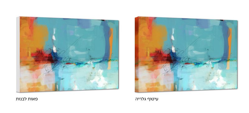 השוואה בין שתי שיטות מתיחת קנבס לציור של איש גורדון: מימין עיטוף גלריה ומשמאל מתיחה עם פאות לבנות.