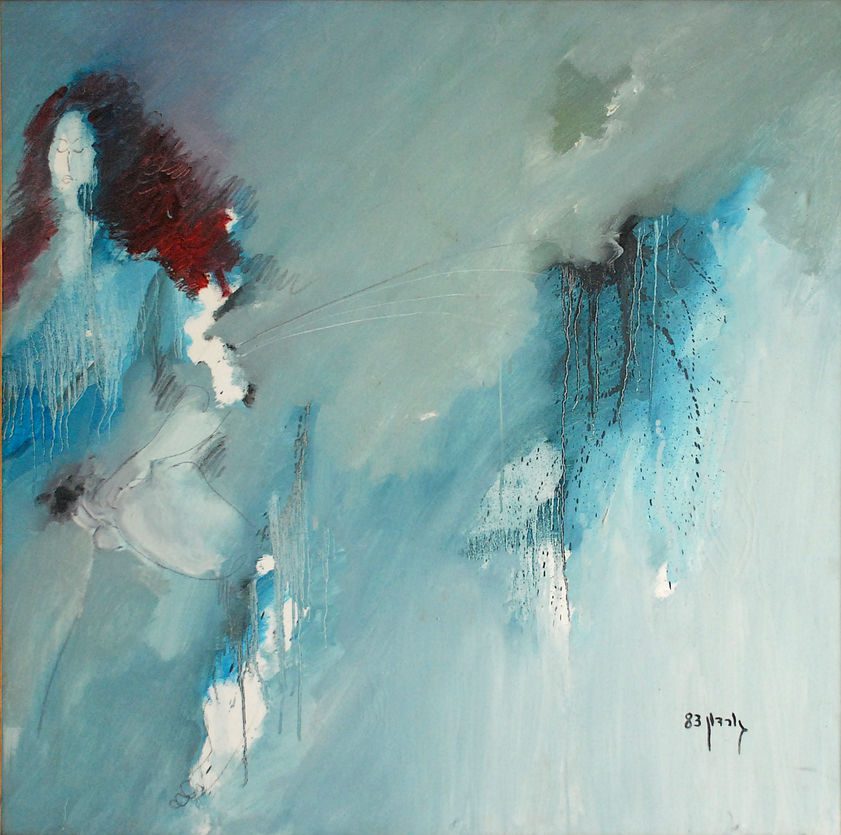 רגעי השיא (Crescendo) מאת איש גורדון, 1983. ציור שמן מקורי על קנבס בגודל 100/100 ס"מ המציג דמות נשית ברגע של פורקן אישי ואמנותי.