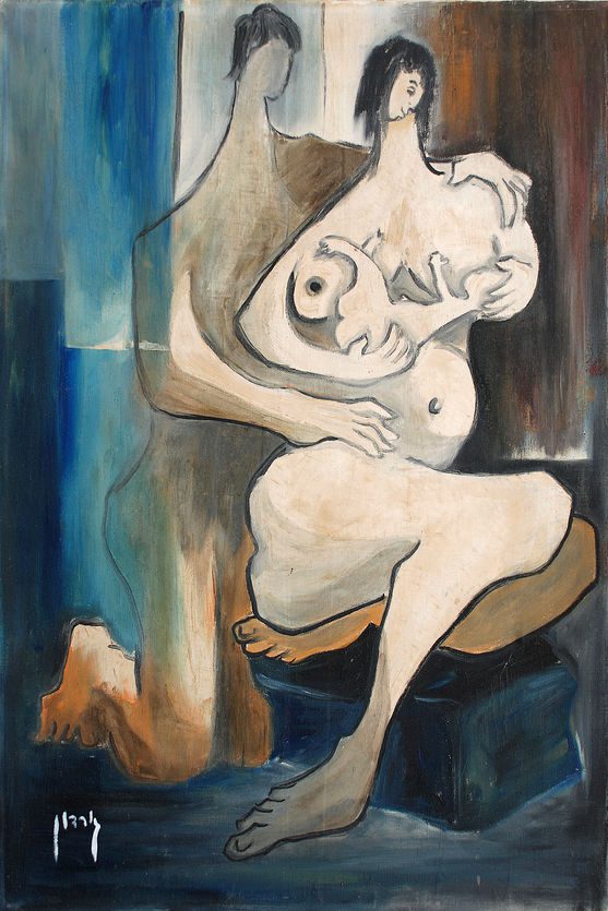 בן בכור (Firstborn) מאת איש גורדון, 1973. ציור שמן מקורי על קנבס בסגנון מודרניסטי המציג זוג הורים מחבקים תינוק.