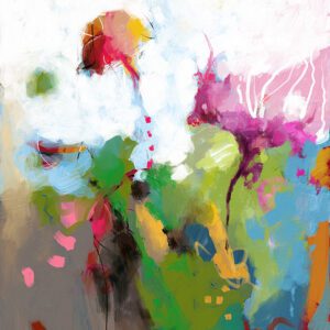 מופשט פורח (Abstract in Bloom), מאת איש גורדון, ציור מופשט עם כתמי צבע בוורוד, ירוק וצהוב על רקע לבן.