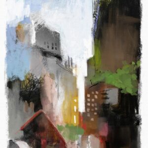 "רחוב הסיפורים הכמוסים", מאת איש גורדון, ציור נוף אורבני מופשט המציג סמטה, גג אדום ומבנים גבוהים על רקע שמיים תכולים.