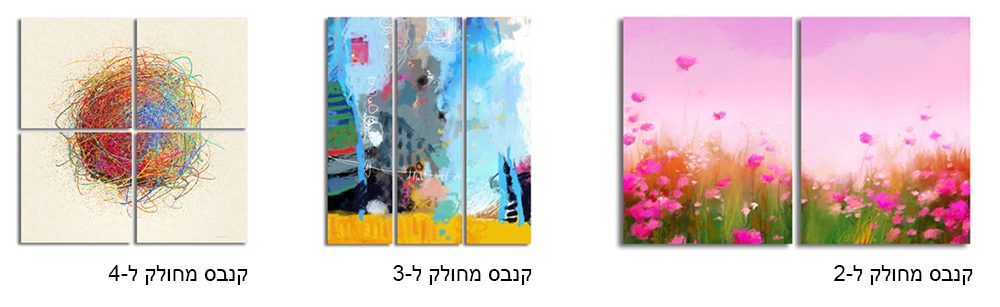 הדגמת אפשרויות חלוקה להדפסי קנבס מאת איש גורדון: קנבס מחולק לשניים, לשלושה (טריפטיכון) או לארבעה חלקים.