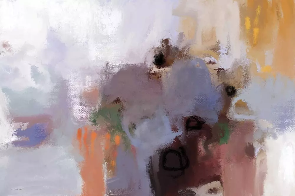 "אין אופק" (No Horizon) מאת איש גורדון, הדפס קנבס אקספרסיבי של ציור מופשט המשלב כתמי צבע ומרקמים עזים.