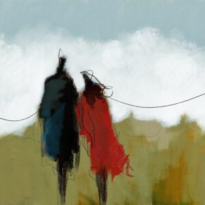 ציור מופשט "הרגע שלפני" מאת איש גורדון. דמויות של גבר ואישה באדום וכחול כהה על רקע נוף אוורירי ותכלת. חוטים דקים נמתחים מהדמויות לצדדים, מסמלים זיכרון וחיבור לעבר.