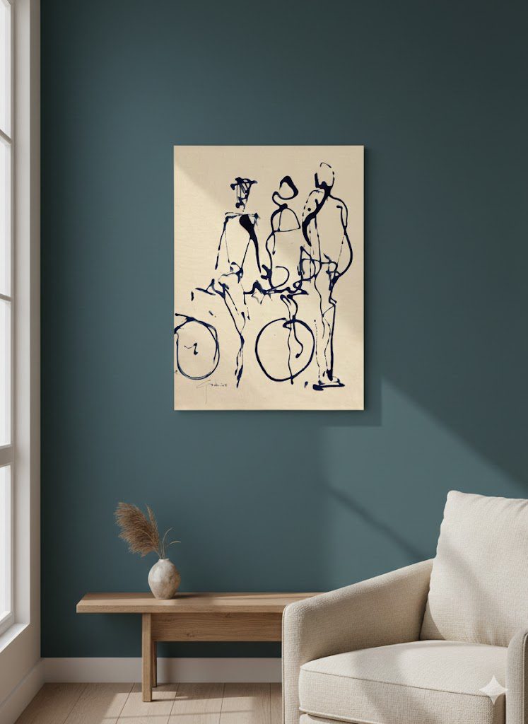 הדמייה של הציור "שלושה" מאת איש גורדון בפינת ישיבה.