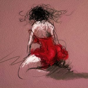 "כריעה תמה" (Kneeling) מאת איש גורדון, הדפס קנבס אקספרסיבי של דמות נשית כורעת על רקע אדום עז.