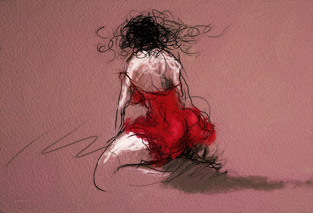 "כריעה תמה" (Kneeling) מאת איש גורדון, הדפס קנבס אקספרסיבי של דמות נשית כורעת על רקע אדום עז.